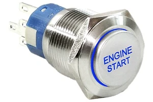 5/8" Start Engine Stainless Steel Push Button Switch w/ Blue LED Light 16mm 12V - Picture 1 of 3