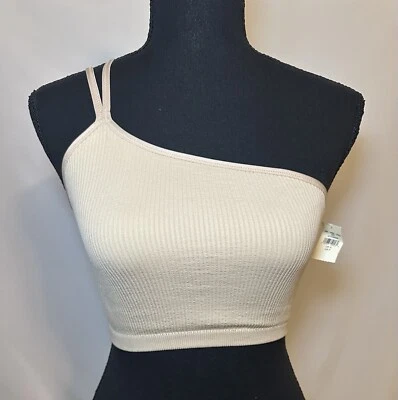 Aerie Seamless Ribbed One Shoulder Shelf Bra Bralette Crop Top Beige SMALL NWT - Image 1 of 4