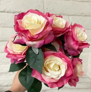 Mauve Cream Bouquet 9Heads Decoration Artificial Silk Rose Bush Flower Wedding - Picture 1 of 1