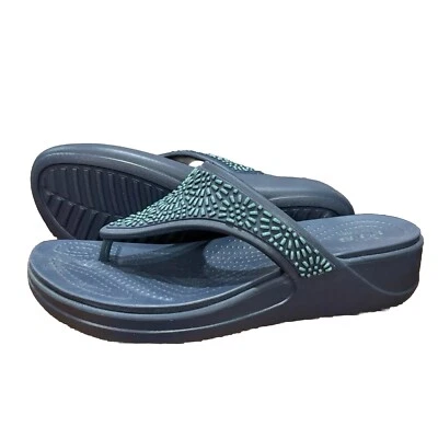 Crocs Womens Wedge Sandals 9 Blue Monterey Diamante Flip Flop Dual Comfort A3 - Image 1 of 4