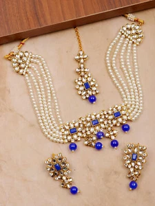 Jewelry Set Kundan White Blue Necklace Indian Bollywood Gold Plated Bridal Pearl - Picture 1 of 3