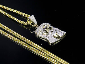 Men's 10k Yellow Gold Jesus Piece Genuine Diamond Charm Pendant Chain Set 1/4CT