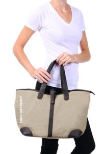 18x14 Beige Canvas Faux Leather Trim Messenger Travel Weekender Tote Handbag - Picture 1 of 8