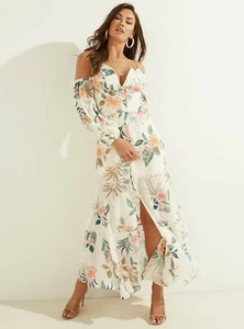 GUESS Lana Blooms Print Cream 3/4 Sleeve Cold Shoulder Maxi Dress Sz XS NWT $148 - Picture 1 of 11