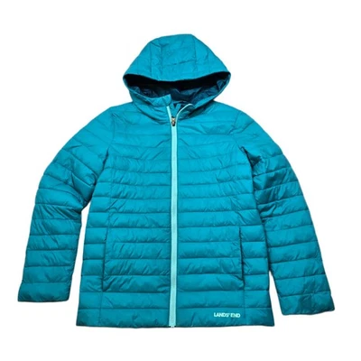Lands End Puffer Jacket Kids Girls Large 10 12Teal Hooded Lightweight - Image 1 of 4