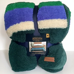 Pendleton Sherpa fleece blanket size KING EVERGREEN STRIPE NEW blue green multi - Picture 1 of 6