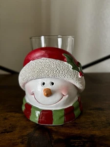 Vintage Schneemann Weihnachten Kerzenhalter traditionelle Weihnachtsdeko Glas Windlicht - Bild 1 von 9