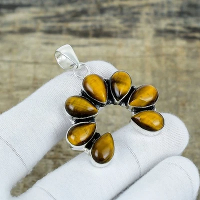 Naturale Occhio di Tigre Gemma 925 Sterling Fiore Argento Ciondolo Gioielli - Immagine 1 di 4