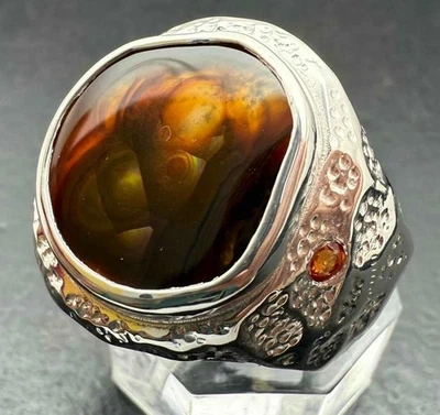 ANILLO DE HOMBRE 5,91 QUILATES ÁGATA DE FUEGO MEXICANA + ZAFIRO .925 ESTERLINA HECHO A MANO TALLA 11,25 Foto 1 de 4