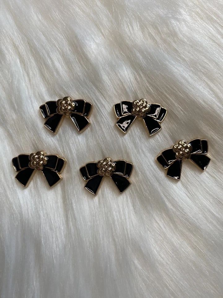 Black Camellia Flower Bow buttons Gold Color Lot Of 5 New DIY Sewing - Image 1 of 4