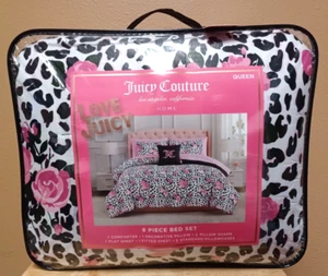 Juicy Couture 8 piece Floral QUEEN Comforter Set White/Black Leopard/Pink Roses - Picture 1 of 5