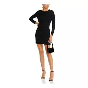 AQUA Draped Long Sleeve Mini Sheath Dress Women's M Black Round Neck Zip Closure - Picture 1 of 15