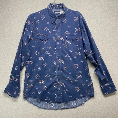 Wrangler Shirt Mens Large Blue Aztec X Long Tails 16.5 35 Western - Image 1 of 4