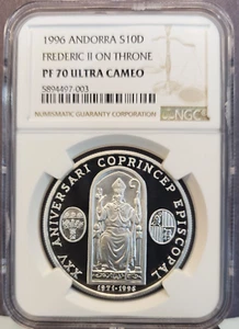 1996 ANDORRA SILVER 10 DINERS FREDERIC II ON THRONE NGC PF 70 ULTRA CAMEO RARE - Picture 1 of 3