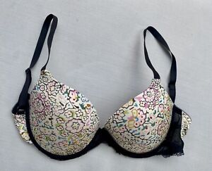 Calvin Klein Bra Size 34D Underwired Floral Padded Soft Material Black Lace Trim