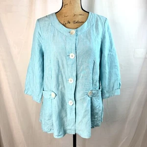 Sky Blue 100% Linen Button Up Jacket 3/4 Sleeves W/ Pockets - Picture 1 of 11