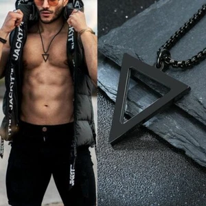 Mens Stainless Steel Necklace Black Triangle Pendant Geometric Neck Jewelry Acce - Picture 1 of 14