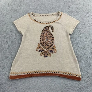 Calypso St Barth Sweater Women Cashmere Oatmeal Short Sleeve Paisley Beaded Top - Picture 1 of 13