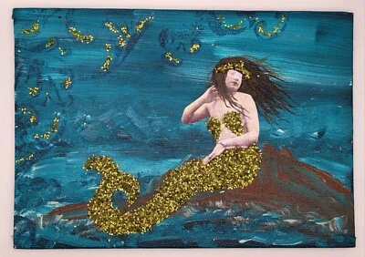 Collage de arte pop medios mixtos sirena tablero de pintura náutica firmado McLaughlin Foto 1 de 4