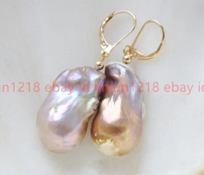 15-25mm Natural Purple Baroque Keshi Reborn Pearl Dangle Gold Leverback Earrings - Image 1 of 4