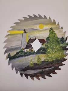 Hand Painted Circular Saw Blade Lighthouse Seascape Nature Scene Signed 6 1/2" - Picture 1 of 5