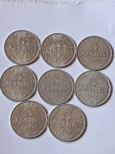 Weimarer Republik Konvolut 8 x 3 Mark 1922 A Berlin Verfassungstag J. 303 Alu - Bild 1 von 2