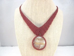 Handcrafted Burgundy Macrame Necklace with Natural Stone Pendant - Picture 1 of 11