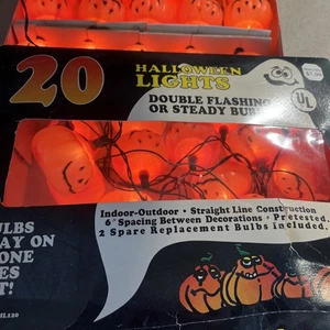 Vtg Set of 2 20 Jack O Lantern Blow Mold Halloween String Lights, Pumpkin 10' - Picture 1 of 5