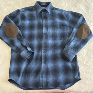 Pendleton Flannel Men M Blue Black Trail Virgin Wool With Elbow Patch - Picture 1 of 11