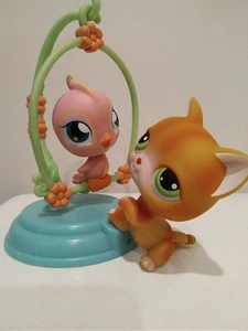 LITTLEST PET SHOP PET PAIRS- PARAKEET BIRD #12 & GINGER CAT # 11 WITH STAND - Picture 1 of 6
