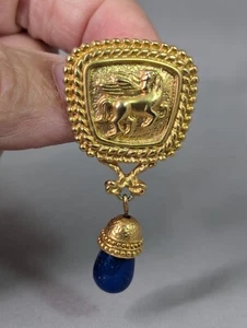 Vintage 80er Avon Vintage Ohrringe Gold mit blauem Stein Pegasus hängend - Bild 1 von 11