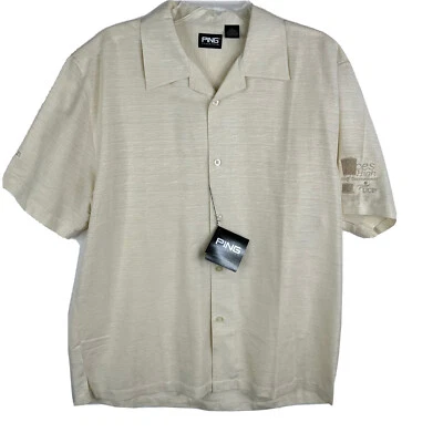 Ping Collection Mens Ivory Silk Button Front Shirt Size L Embroidered Sponsors - Image 1 of 4