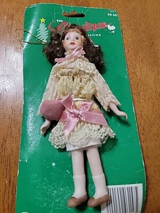 Christmas Ceramic Doll Ornament Porcelain Vintage 7" Girl In Dress - Picture 1 of 7