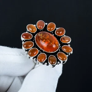 Natural Baltic Amber Gemstone Flower Ring, Handmade 925 Sterling Silver Jewelry - Picture 1 of 4