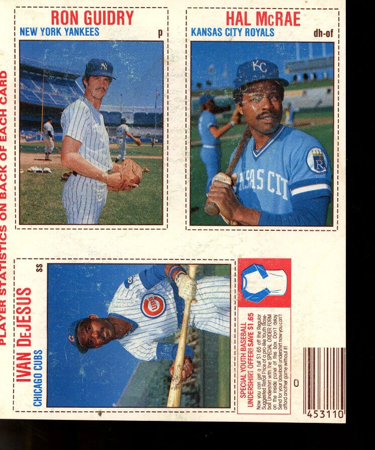 1979 Hostess 3 Card "L" Panel #30 Ron Guidry, Hal McRae, Ivan Dejesus-3
