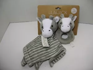 SELTENES 2-TEILIGES SET - Lila & Jack gestreift grau Kuh weich Plüsch Baby Decke Rassel - Bild 1 von 6