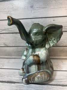 Statua Elefante 10” verde marrone decorazione ceramica a proposito di tronco in su - Foto 1 di 7