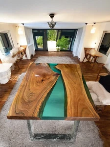 White Epoxy Resin Dining Room Center Table Top Handmade Natural Acacia Wood Slab - Picture 1 of 8