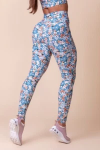 Brazilian Active wear Workout Shape Pant Leggings Flower Print Light Blue Size M - Picture 1 of 3