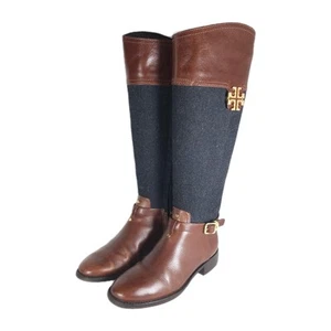 TORY BURCH Women's Eloise US5M Brown Wool Leather Logo Knee High Riding Boots - Picture 1 of 17