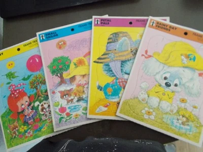 Cuatro rompecabezas con bandeja de marco Rainbow Works 1974 12 piezas tablero grueso colorido 8,25" x 11 Foto 1 de 4