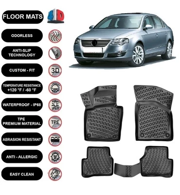 Alfombrillas forro para Volkswagen Passat B6 (2005-2010) 4D moldeadas negras 4 piezas Foto 1 de 4