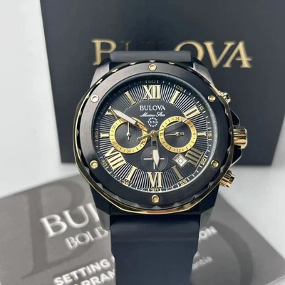 Bulova Marine Star Men's Quartz Watch Gold/Black Dial Rubber Strap 44mm 98B278 - Image 1 of 4