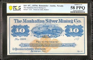 1870s $10 DOLLAR SILVER MINING NEVADA LARGE CURRENCY REMAINDER NOTE PCGS 58 PPQ - Picture 1 of 2