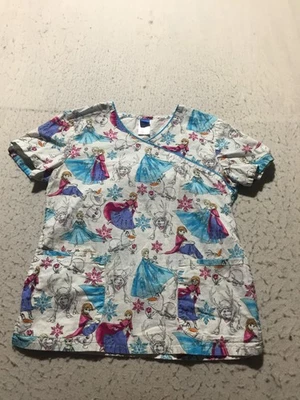 Disney Scrub Shirt Womens M Medium Frozen Elsa Pockets V Neck Layered Short Slv - Image 1 of 4