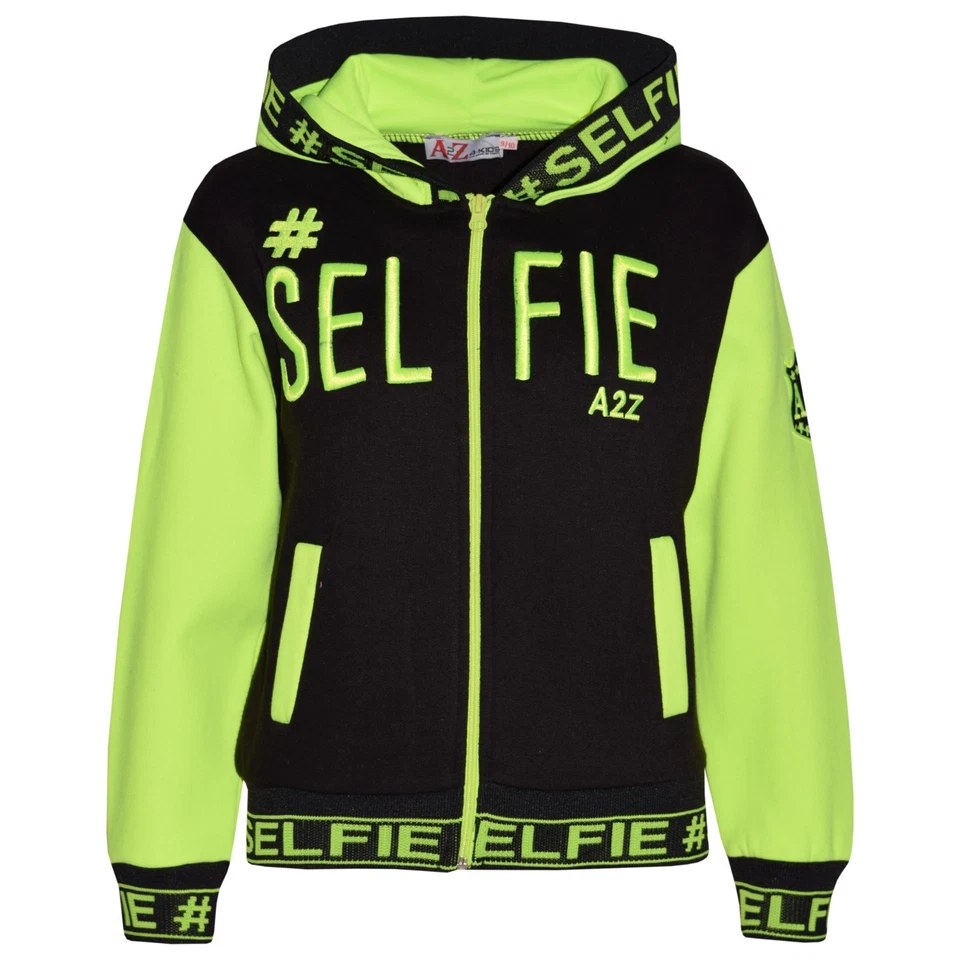 Veste Fille Enfant #Selfie Brodée Vert Néon Zippée À Capuche 5-13 Ans - Photo 1/1