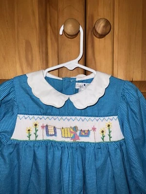 Petit Ami Size 18M Baby Girls Blue Plaid Smocked Easter Dress Sunflowers - Image 1 of 4