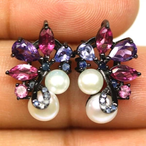 925 Sterling Silver White Pearl, Amethyst, Tourmarine & Sapphire Earrings - Picture 1 of 4