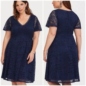 NWT Torrid Navy Blue Lace V-Neck Dress Floral A-Line Size 22 Short Sleeve Eyelet - Picture 1 of 10