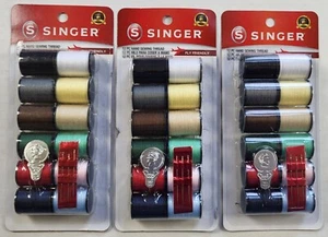 LOT OF 3 SINGER Polyester Hand Sewing Thread 12 Spools w/Needles, Threader, NEW - Picture 1 of 3